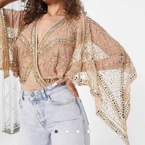 ASOS Frock and Frill premium embellished kimono sleeve bodysuit in gold Sz 4 NWT